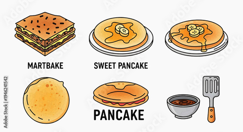 Illustrated variety of sweet and savory pancakes and flatbreads, including crepes, a savory dish, and cooking tools with dipping sauce