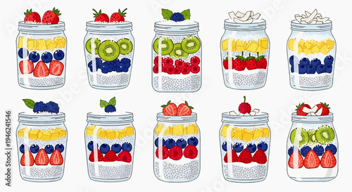 Vibrant selection of healthy layered fruit and yogurt parfaits in glass jars, ideal for nutritious breakfast or delicious snacks, detailed vector illustration