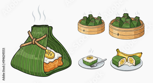 A variety of visually appealing and diverse Asian cuisine prepared and served using traditional bamboo steaming baskets and banana leaves