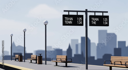 Empty Train Platform with Digital Schedule Board and City Skyline Background
