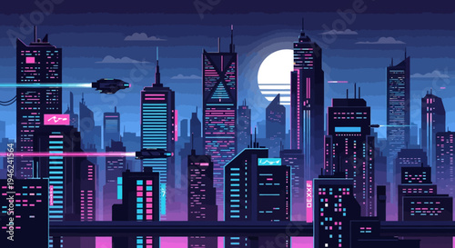 Futuristic Cyberpunk Cityscape at Night with Flying Vehicles
