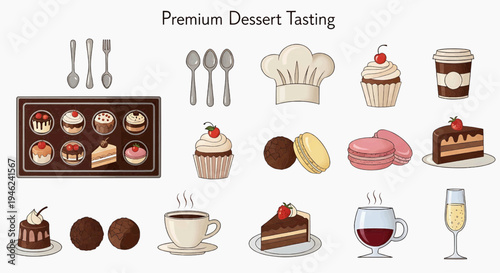 Collection of premium desserts, coffee, and celebratory drinks in a cartoon style illustration