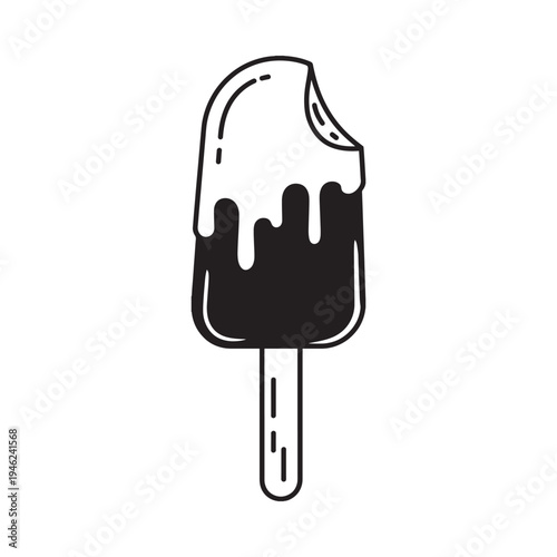 Black and white illustration of a partially eaten chocolate popsicle on stick