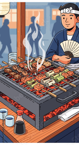 Japanese Street Food Vendor Grilling Yakitori Skewers
