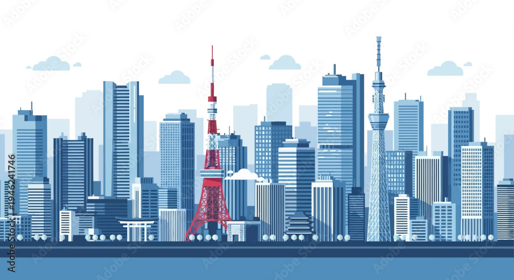 Obraz premium Tokyo City Skyline Vector Illustration with Iconic Landmarks