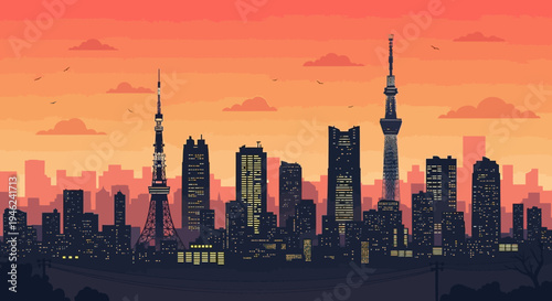Tokyo City Skyline Silhouette at Sunset Vector Illustration