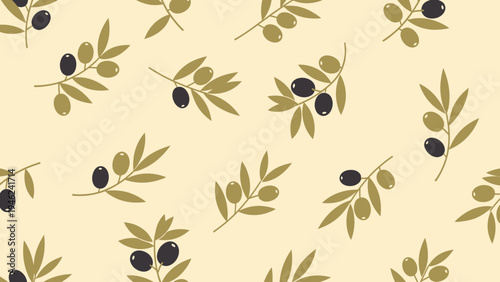 Seamless Pattern of Olive Branches with Black and Green Olives on Beige Background