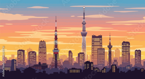 Tokyo City Skyline Silhouette at Sunset Vector Illustration