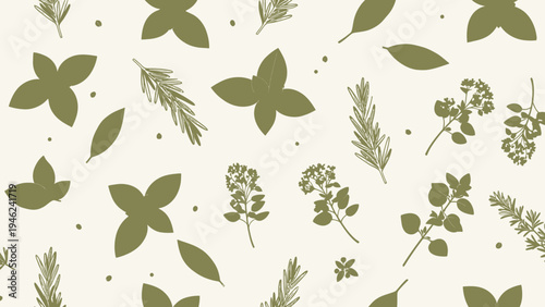 Seamless Pattern of Green Culinary Herbs and Leaves on a Cream Background