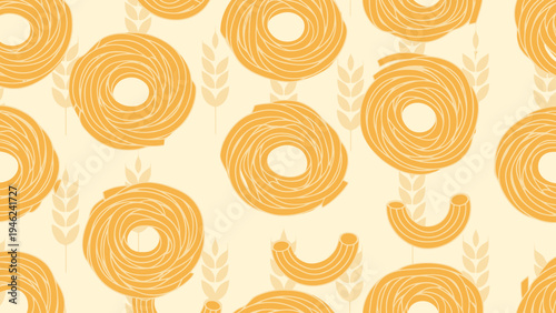 Seamless Pattern of Pasta Shapes and Wheat Stalks on a Creamy Yellow Background