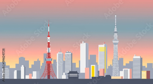 Tokyo City Skyline Silhouette Vector Illustration at Sunset
