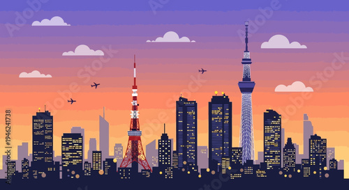 Tokyo City Skyline Vector Illustration at Sunset