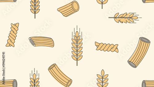 Seamless Pattern of Wheat Stalks and Various Pasta Shapes on Beige Background