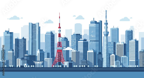 Tokyo City Skyline Vector Illustration with Iconic Landmarks