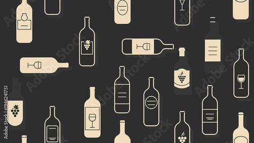 Seamless Pattern of Wine Bottles and Glasses Icons on Dark Background