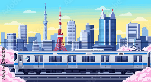 Tokyo Cityscape with Train and Cherry Blossoms