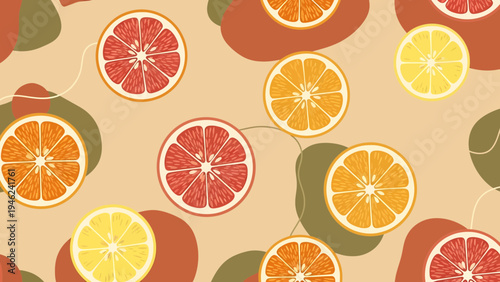 Vibrant Citrus Slices Pattern: Oranges, Lemons, Grapefruits on Beige Background