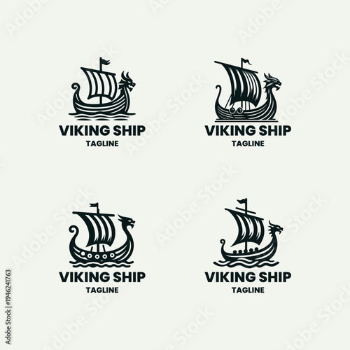 Set Viking ship logo vector icon illustration style