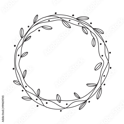 Delicate circular wreath illustration featuring leaves and dotted outline details