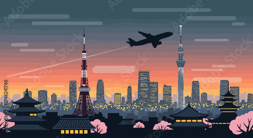Tokyo Cityscape Pixel Art with Airplane and Sakura at Sunset