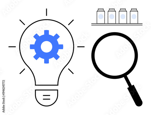 Innovation process. Concept showing innovation using a light bulb gear and magnifying glass. s research, innovation, and progress. Perfect for technology, analysis, and creative development. Broad