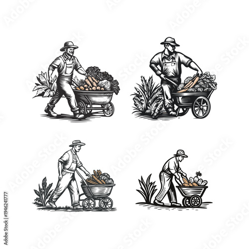 Vintage collection of hand-drawn illustrations featuring farmers pushing wheelbarrows full of fresh vegetable harvests in a rustic engraving style.