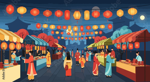 Traditional Chinese Night Market Festival with Lanterns and People