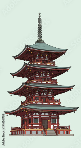 Traditional Japanese Five-Story Pagoda Illustration