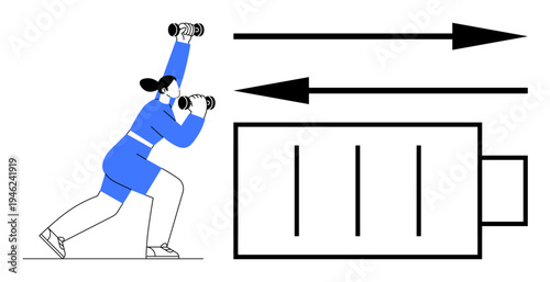 Energy, fitness, motivation, personal health, stamina, lifestyle. Woman lifting dumbbells alongside battery symbol and arrows. Energy and fitness concept
