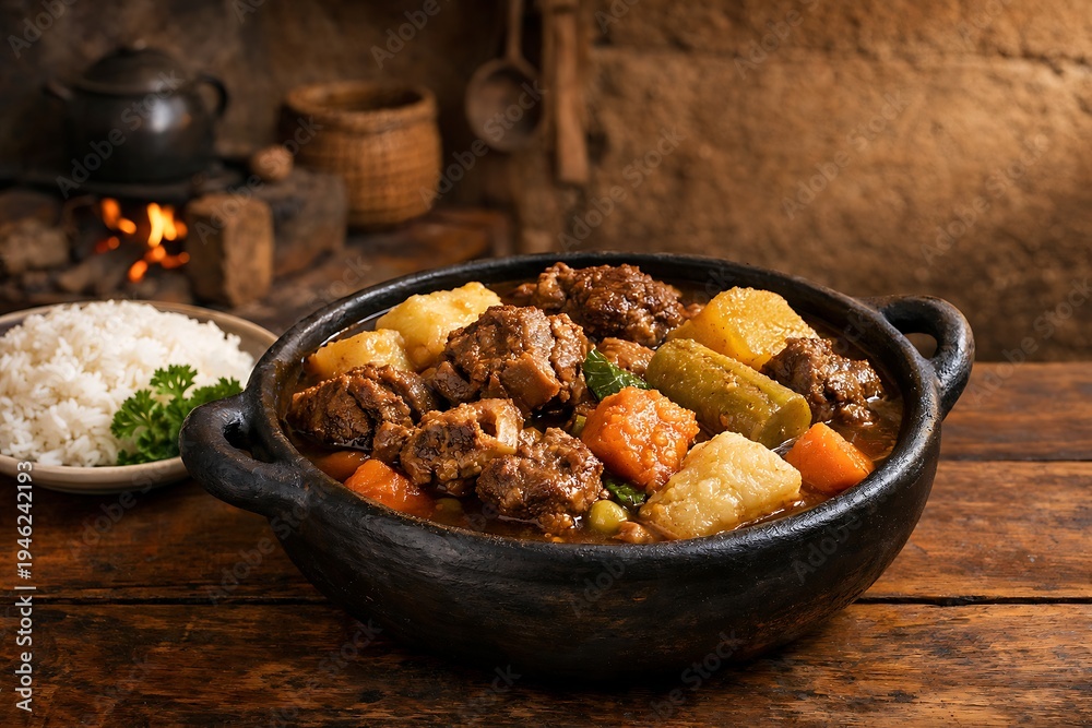 Fototapeta premium modje, traditional goat stew from São Nicolau, Cape Verde, soft bone-in goat meat chunks, cooked with cassava, sweet potato, green plantain, and yam in rich dark broth. 