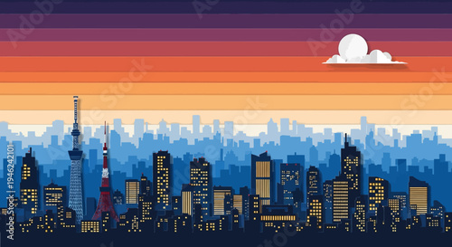 Pixel Art Tokyo Cityscape Skyline at Sunset
