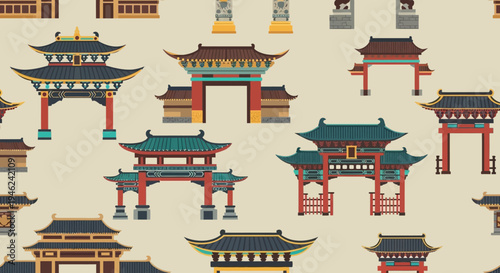 Seamless Pattern of Traditional Chinese Gates and Architectural Elements