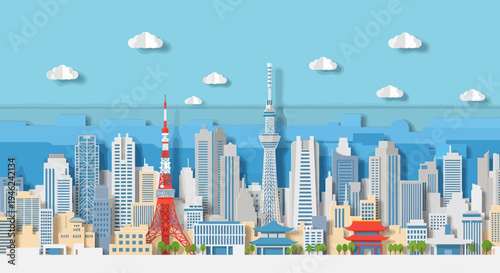 Tokyo City Skyline Paper Art Style Illustration