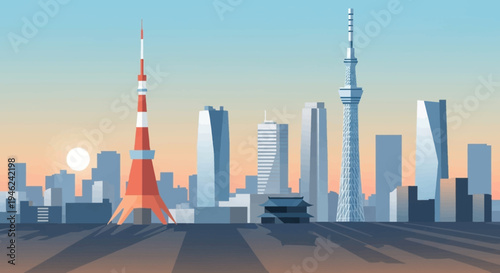 Tokyo City Skyline Vector Illustration with Iconic Towers at Sunrise