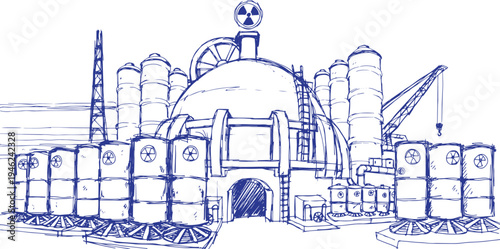Nuclear Waste Storage Facility Line Art Vector, Atomic Energy Waste Management, Radioactive Barrel Storage, Nuclear Power Plant Waste Disposal, Hazardous Nuclear Waste Containers