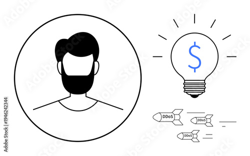 Cybersecurity, DDoS attacks, digital economy, innovation, finance, online protection. Profile of a person alongside a money symbol lightbulb and missiles labeled DDoS. Cybersecurity and digital