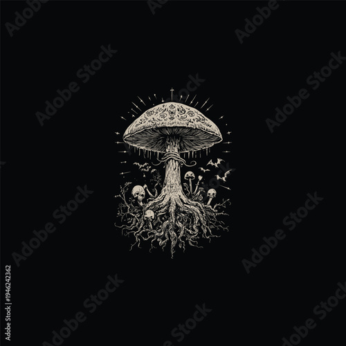 Vintage dark art illustration of a mystical mushroom with roots surrounded by skulls and bats on a black background.