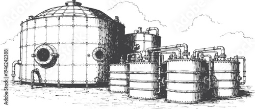 Nuclear Waste Storage Facility Line Art Vector, Atomic Energy Waste Management, Radioactive Barrel Storage, Nuclear Power Plant Waste Disposal, Hazardous Nuclear Waste Containers