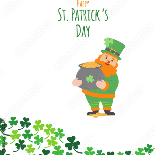 Whimsical illustration of a cheerful leprechaun with a bright red beard, clutching a shimmering pot of gold, set amidst a lively array of green shamrocks, ideal for Irish holiday celebrations