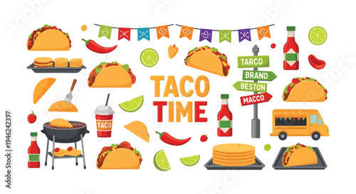 Colorful flat lay of various taco related items and food on a white background with a festive banner and the text 'TACO TIME'.