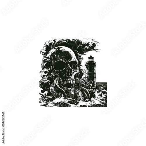Dramatic vintage nautical illustration of a giant skull emerging from crashing ocean waves with a lighthouse in the background.