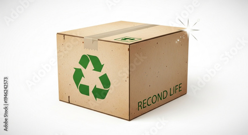 Brown cardboard box with green recycling symbol and eco friendly 'recond life' text on white background