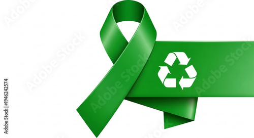 Green recycling symbol on a ribbon eco friendly awareness and environmental conservation concept
