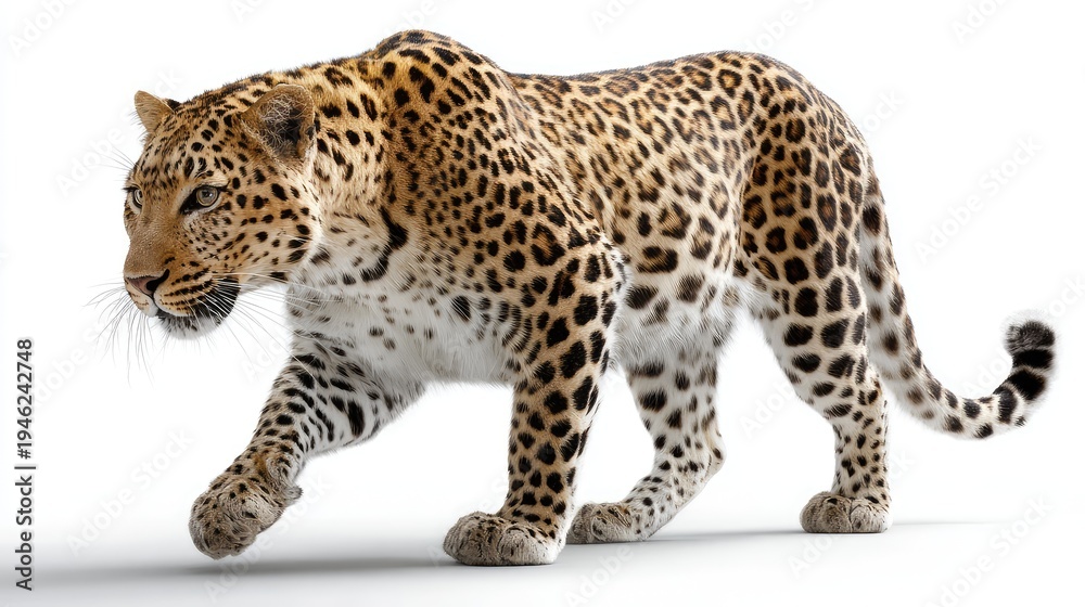 Fototapeta premium Majestic leopard with striking coat patterns walking gracefully on a white background, showcasing its sleek body and powerful stance, symbol of beauty and wildness.