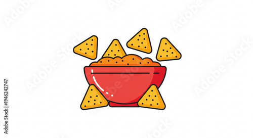 Vibrant red bowl filled with tasty orange dip surrounded by crispy yellow tortilla chips on white background