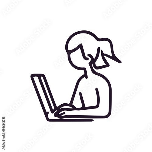 Minimalist Line Art Icon Of A Girl Working On Her Laptop Computer