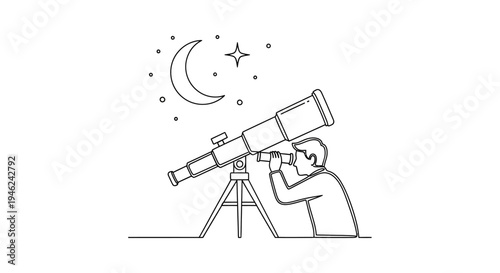 A minimalist line illustration of a man observing the crescent moon and stars through a telescope, representing a moon sighting tradition in a simple, islamic astronomy concept against a