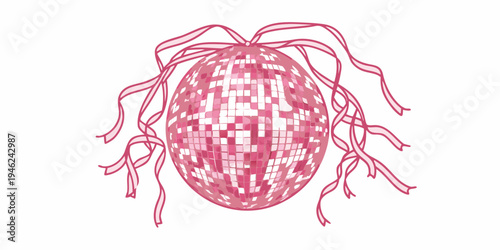 A pink illustrated disco ball with flowing string like tendrils