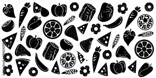 Black and white illustration of various sliced fruits vegetables and cheese