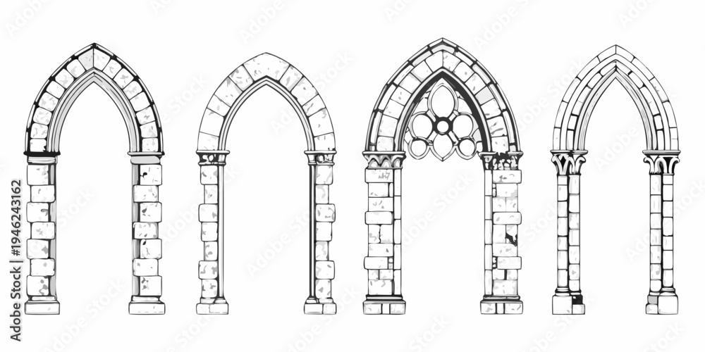 Fototapeta premium Four gothic arches detailed in a black and white sketch illustration